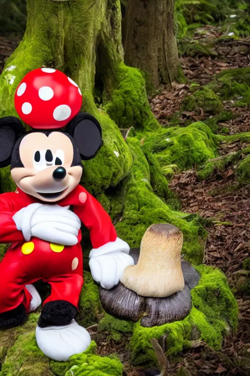 Prompt: in the center of the forest, a plush mickey mouse sits on a mushroom, super realistic, extremely high detail, cinematic 8k