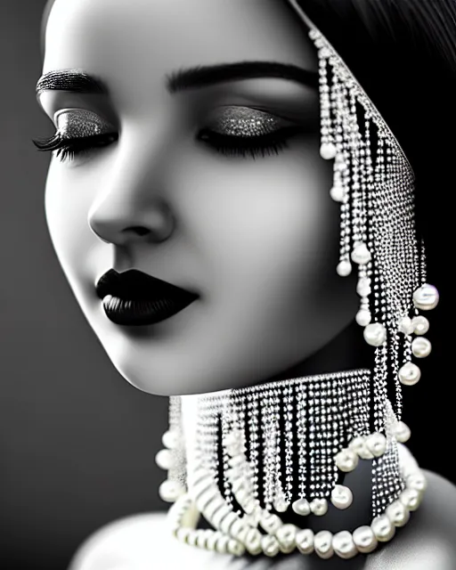 Image similar to black and white dreamy young beautiful veiled female artificial intelligence, realistic pearl ornament in the face, long hair are intricate with highly detailed realistic pearls, cinematic, rim light, bokeh, photo - realistic, elegant, high detail, 8 k, masterpiece, photo taken in 1 9 3 0