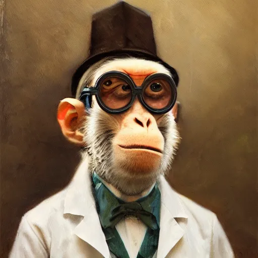 Image similar to portrait of a monkey doctor, artwork by gaston bussiere, craig mullins, trending on artstation, monkey dressed as a scientist, using googles and wearing a doctor coat