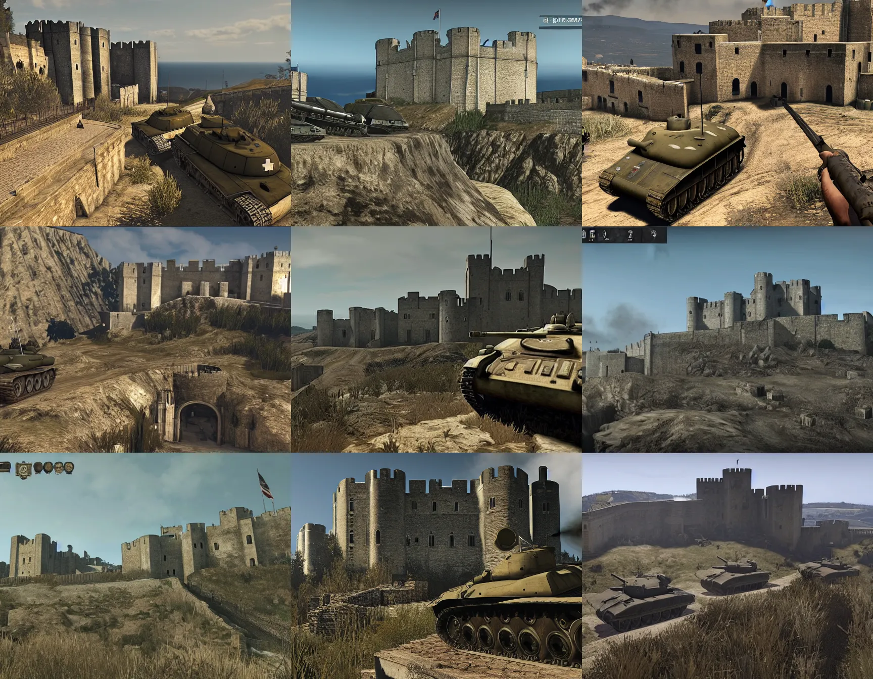 Prompt: Tanks surround Dover Castle, screenshot from 'Sniper Elite 4'