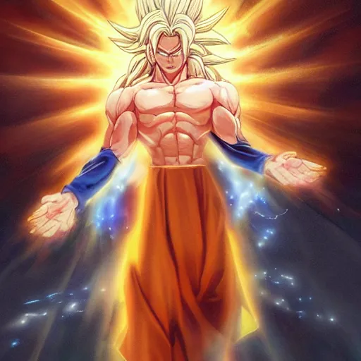 Image similar to Jesus christ transforming in super Saiyan holding the a shiny Sacred Heart , by Stanley Artgerm Lau, WLOP, Rossdraws, James Jean, Andrei Riabovitchev, Marc Simonetti, Yoshitaka Amano, ArtStation, CGSociety,