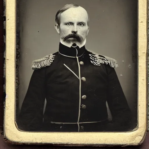 Image similar to daguerrotype portrait of a 19th-century Belgian army general, with a spectre of death looming silently behind him.