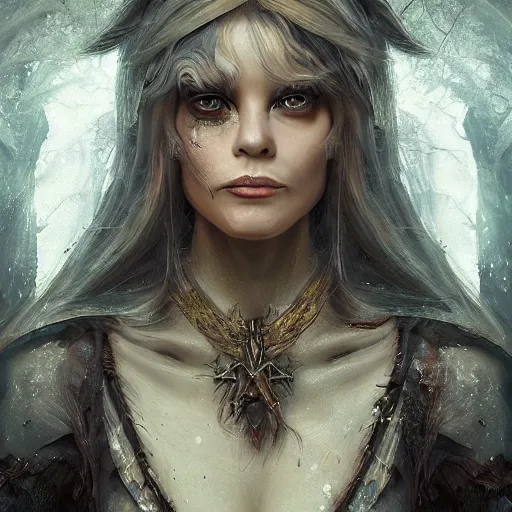 Image similar to Beautiful art portrait of a female fantasy sorceress in a dark mystical fantasy ruin surrounded by eerie dead forest , masterpiece, trending on artstation, unreal 5, DAZ, hyperrealistic, octane render, dungeons and dragons, dynamic lighting