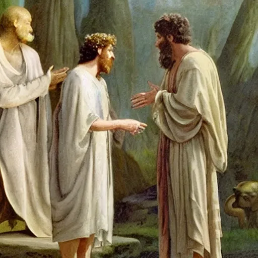 Image similar to candid photo of a druid wearing white linen robes casting a magical circle while speaking to a satyr, photo from 8 4 7 bc