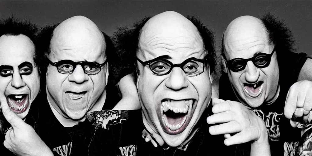 Image similar to Danny DeVito coneheads punk rock band, 1980s surrealism aesthetic, detailed facial expressions