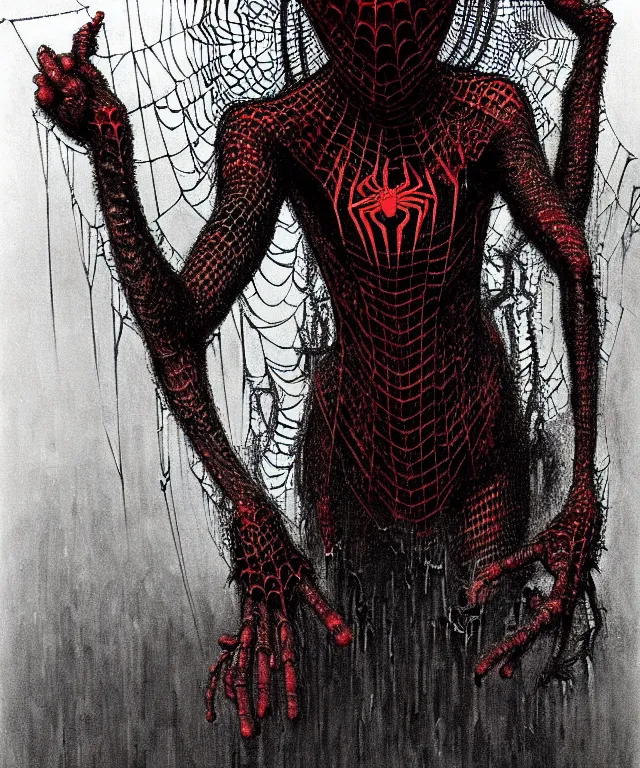 Prompt: a spiderwoman standing all covered in spiders. arachnophobia, fear of spiders, incredible number of spiders and bugs. extremely high details, spider paws and eyes, realistic, horror, creepy, web, masterpiece, art by zdzislaw beksinski, arthur rackham, dariusz zawadzki, ed binkley