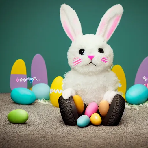 Image similar to a cute easter bunny sitting on a tire, studio photo, high quality