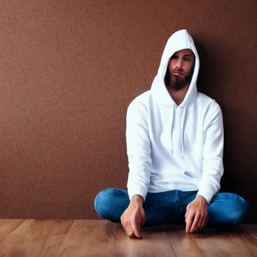 Image similar to guy in white hoodie sitting alone at a wooden table. black background