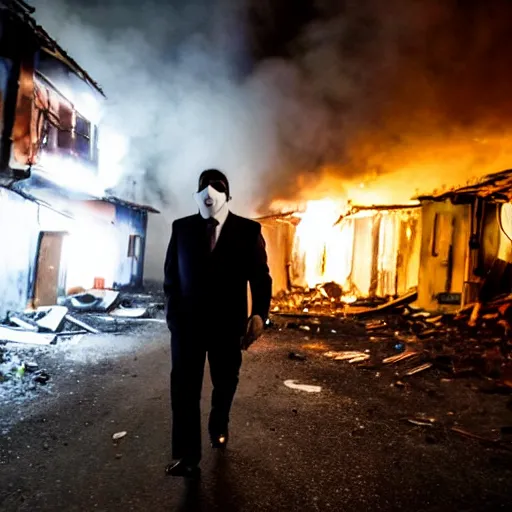 Image similar to photo of a man in a suit wearing a latex mask of a emperor penguin, at a favela, walking away from explosion, dramatic lighting