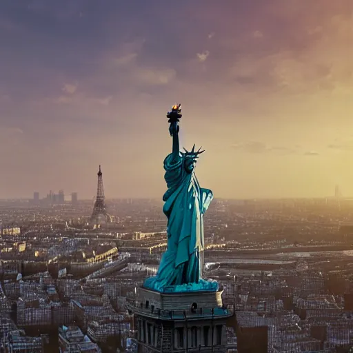 Prompt: The Statue of Liberty and Eiffel Tower, London Big Ben at background, photorealism, wide angle, concept art, cinematic atmosphere, elaborate, highly detailed, ornate, shiny, dramatic lighting, octane render, 4k, by Peter Kemp