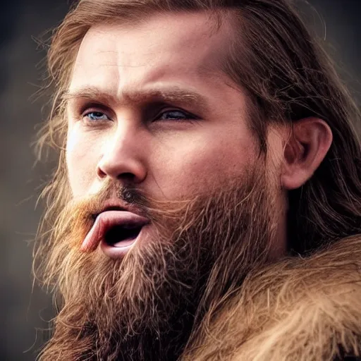 Prompt: hyperrealistic photograph of a brown-haired viking sticking his tongue out, 8k, profile picture, cinematic, high contrast, epic real fantasy, stoic facial expression, looking at the camera