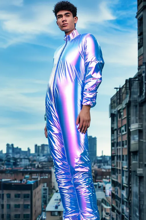 Image similar to un ultra high definition studio quality photographic art portrait of a young man standing on the rooftop of a british apartment building wearing soft baggy inflatable padded iridescent pearlescent jumpsuit. three point light. extremely detailed. golden ratio, ray tracing, volumetric light, shallow depth of field. set dressed.