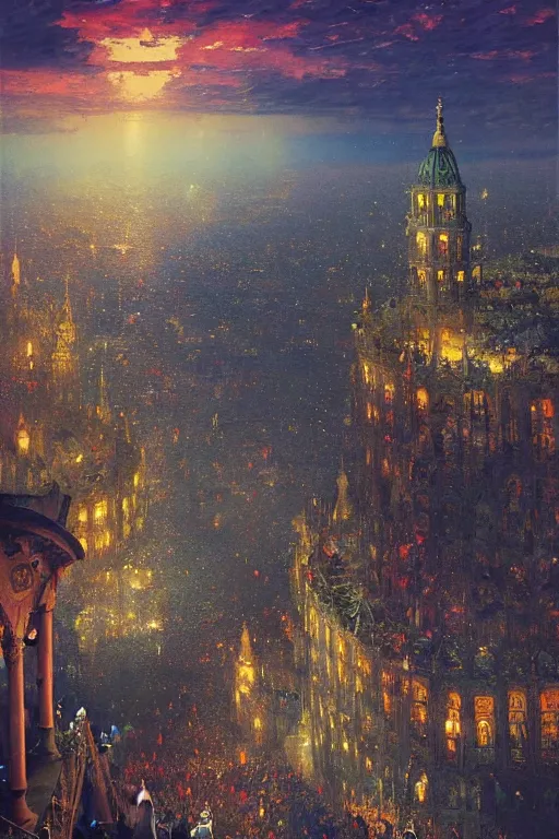 Image similar to the crowned king in disguise, looking down on the crowded streets of the city of blood and prisms from above the mountain, night skies, dramatic light, hyperrealistic, colorful skies, digital art, studio portrait absurdly beautiful, elegant, graceful, john atkinson grimshaw, leonid afremov, wayne barlowe