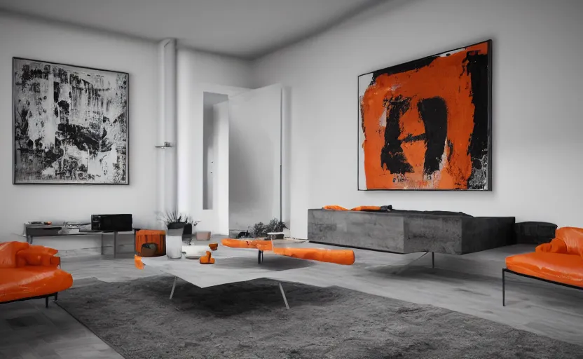 Prompt: a concrete room with a wooden table and a leather sofa and paintings on the wall, high quality, 8 k, architecture, symmetrical, harmonious, black white and orange colours, calm, high coherence, natural lighting, path traced, highly detailed, hyperrealistic, concept art, octane render, unreal engine 5, trending on artstation, beautiful, elegant