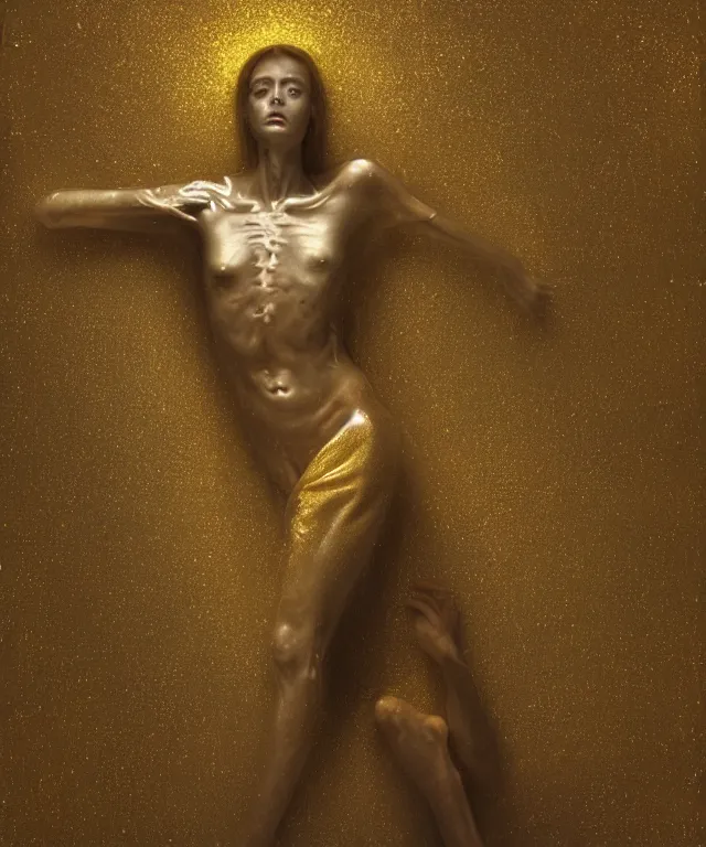 Image similar to Beautiful full-body wax sculpture of glowing transparent woman in glowing cloth with visible gold bones covered with melted white wax inside the singularity where stars becoming baroque folds of dark matter by Michelangelo da Caravaggio, Nicola Samori, William Blake, Alex Grey and Beksinski, dramatic volumetric lighting, highly detailed oil painting, 8k, masterpiece