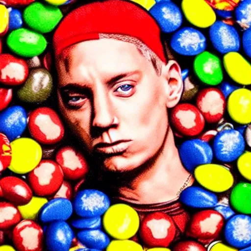 Image similar to eminem's face in a bowl of m & ms, high detail