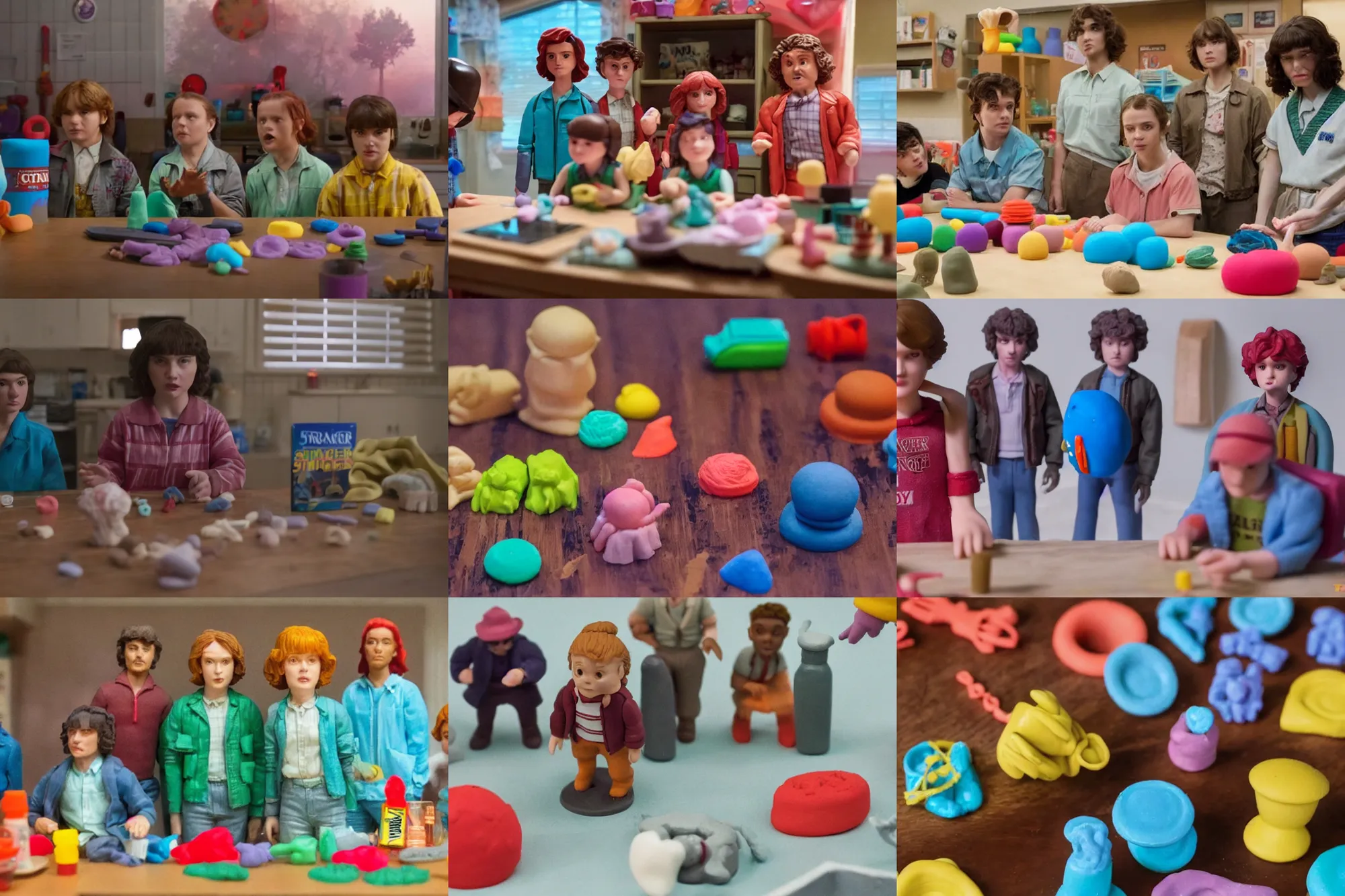 Prompt: a still scene from stranger things made of play - doh. high quality, good light,