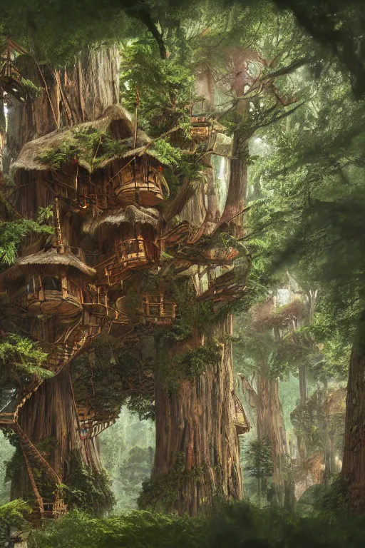 Image similar to various treehouses mounted on giant redwood tree trunks, interconnected by rope bridges, fantasy setting, dense vegetation, very detailed, d & d concept art, 4 k