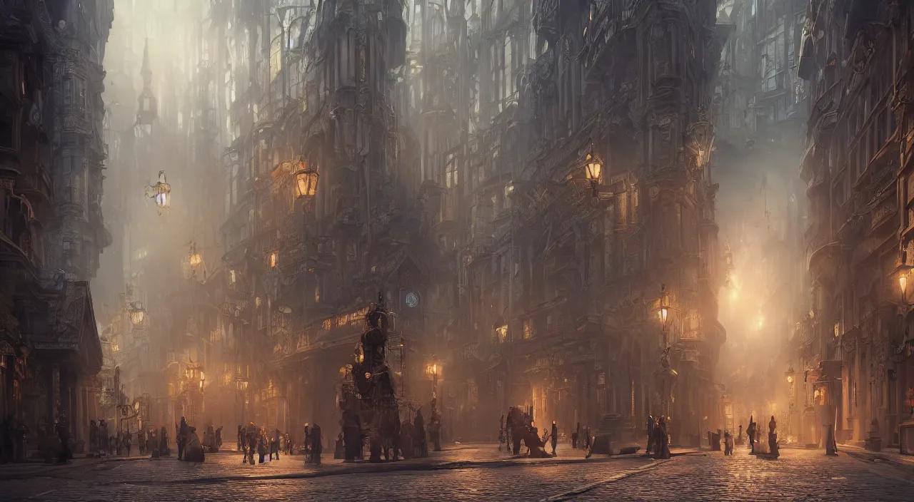 Image similar to a beautiful matte concept art painting of inside pov victorian style steampunk lord of the rings city streets with steampunk robots, concept art, deviantart, flickr, artstation, octane render, textured, colorful, very detailed, volumetric lighting, detailed lighting, octane render, 4 k, cinematic lighting, 8 k resolution