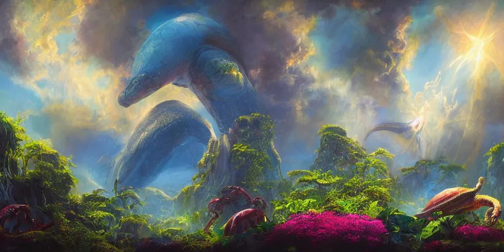 Image similar to fantasy oil painting, klattu's radiant spacecraft, outer worlds, great leviathan, turtle cephalopod terrapin reptilian pachyderm amphibian hybrid, rainforest mountains, lush plants flowers, epic natural light, bright clouds, luminous sky, bright cinematic key lighting, michael cheval, michael whelan, vray, 8 k hd