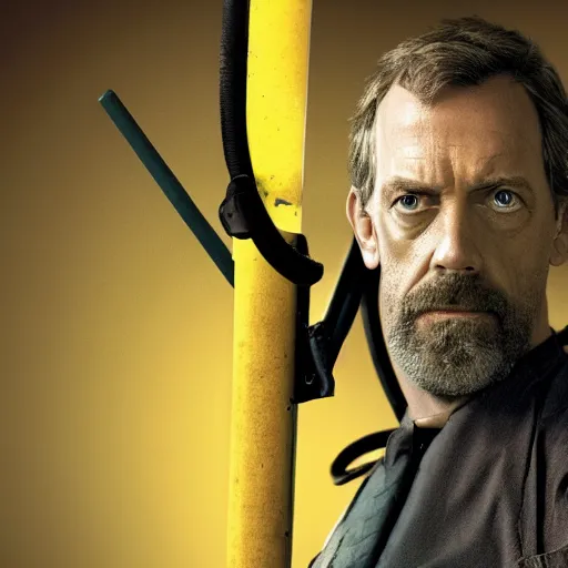 Image similar to Film still of Hugh Laurie dressed up as Gordon Freeman in an HEV Suit holding a crowbar for the Half Life Movie with a dark and foggy background, 4k resolution, 8k resolution, HD Quality, highly detailed, very detailed, detailed, studio quality lighting, digital art, trending on artstation, Dramatic, Dramatic Lighting, Dramatic Angle, Epic, film still