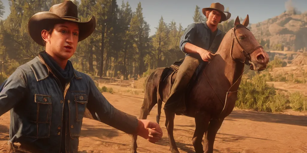 Image similar to Mark Zuckerberg from Red Dead Redemption 2, wide shot, ray tracing, 8k