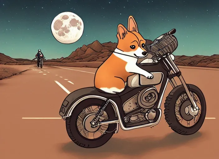 Image similar to a cell shaded cartoon corgi riding a motorcycle, with a big head, on a desert road, wide shot, in front of a big moon, muted colors, post grunge, josan gonzales, wlop, by james jean, victor ngai, hq, deviantart, art by artgerm