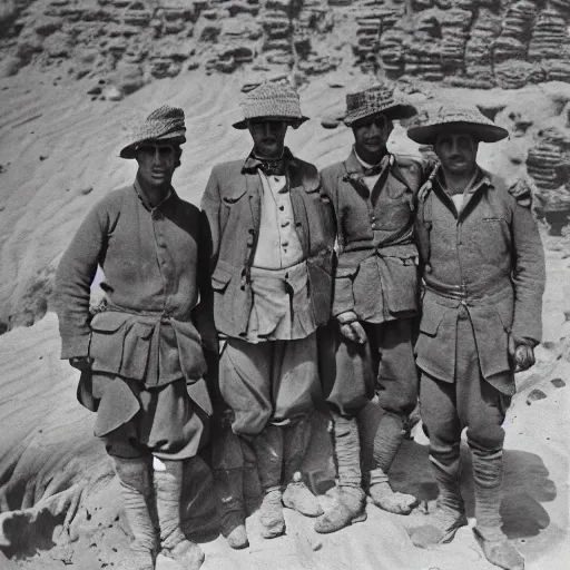 Image similar to ultra detailed photorealistic sepia - toned photo from 1 9 1 7, three clean - shaven british soldiers standing with two bedouin traders in traditional arab garb, at an archaeological dig site in wadi rum, ultra realistic, painted, intricate details, lovecraft, atmospheric, dark, horror, brooding, highly detailed, by clyde caldwell