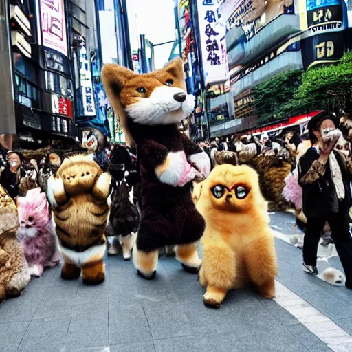 Prompt: furry critters on parade in shibuya by dali