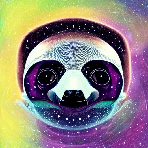 Image similar to geometric symmetrical sloth with galaxy eyes in space, nebula in the background, intricate, elegant, highly detailed, digital painting, artstation, concept art, smooth, sharp focus, illustration, art by artgerm