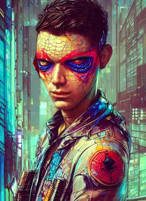 Image similar to beautiful portrait of Lofi cyberpunk spiderman, by Tristan Eaton, Stanley Artgermm, Tom Bagshaw, Greg Rutkowski, Carne Griffiths. trending on DeviantArt, face enhance, hyper detailed, trending on Artstation, 8k, masterpiece, graffiti paint, fine detail, full of color, intricate detail, golden ratio illustration