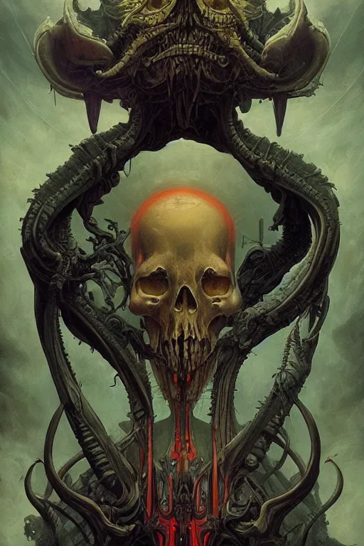 Prompt: evil gigantic alien skull lord of death, fantasy painting, ultra realistic, wide angle, art nouveau, intricate details, rainbowshift, vivid colors, highly detailed by peter mohrbacher, h. r. giger, maxfield parrish, aaron horkey, gaston bussiere, craig mullins