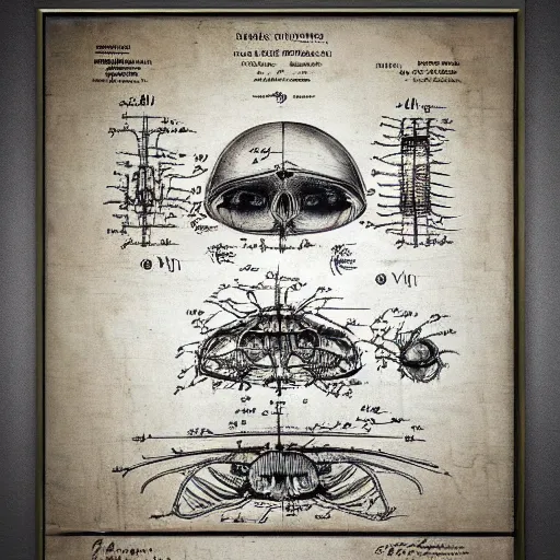 Prompt: da vinci's scientific schematics instructions on how to dissect an alien, blueprint, hyperdetailed vector technical documents, callouts, archviz, legend, patent registry