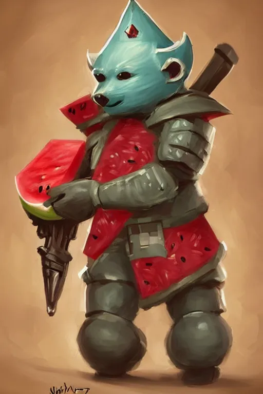 Image similar to cute anthropomorphic watermelon knight wearing a cape and a crown and holding a sniper, tiny, small, miniature bear, baby animal, short, pale blue armor, cute and adorable, pretty, beautiful, DnD character art portrait, matte fantasy painting, DeviantArt Artstation, by Jason Felix by Steve Argyle by Tyler Jacobson by Peter Mohrbacher, cinematic lighting