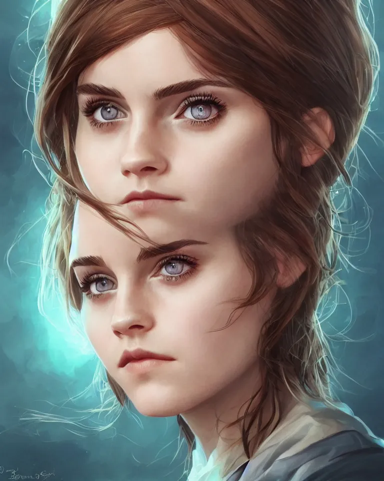 Image similar to emma watson with big eyes, beautiful eyes, blue eyes, green eyes, lovely eyes, red eyes, glowing eyes, by artgerm and greg rutkowski