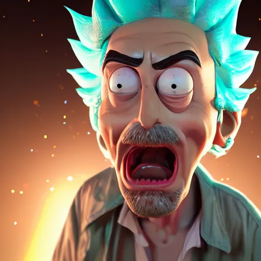 Image similar to full body pose, hyperrealistic photograph of drunk rick sanchez from rick and morty, dim volumetric lighting, 8 k, octane beautifully detailed render, extremely hyper detailed, intricate, epic composition, cinematic lighting, masterpiece, trending on artstation, very very detailed, stunning, hdr, smooth, sharp focus, high resolution, award, winning photo, dslr, 5 0 mm