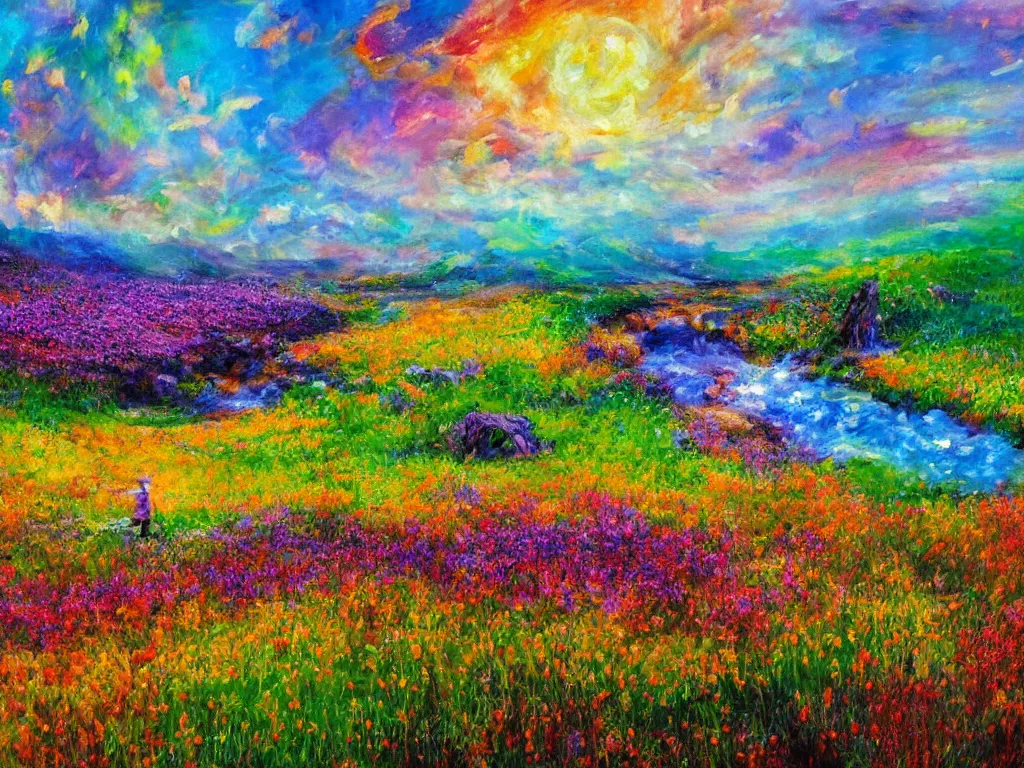 Image similar to an impressionist painting of a gorgeous meadow filled with colorful mushrooms with a stream flowing through it, psychedelic colors, colorful sky in background, high detail, trending on artstation