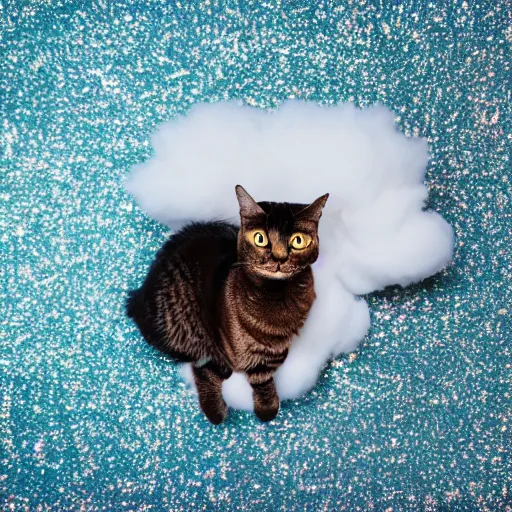 Prompt: a photo of a cat in a cloud of glitter, f 1. 4