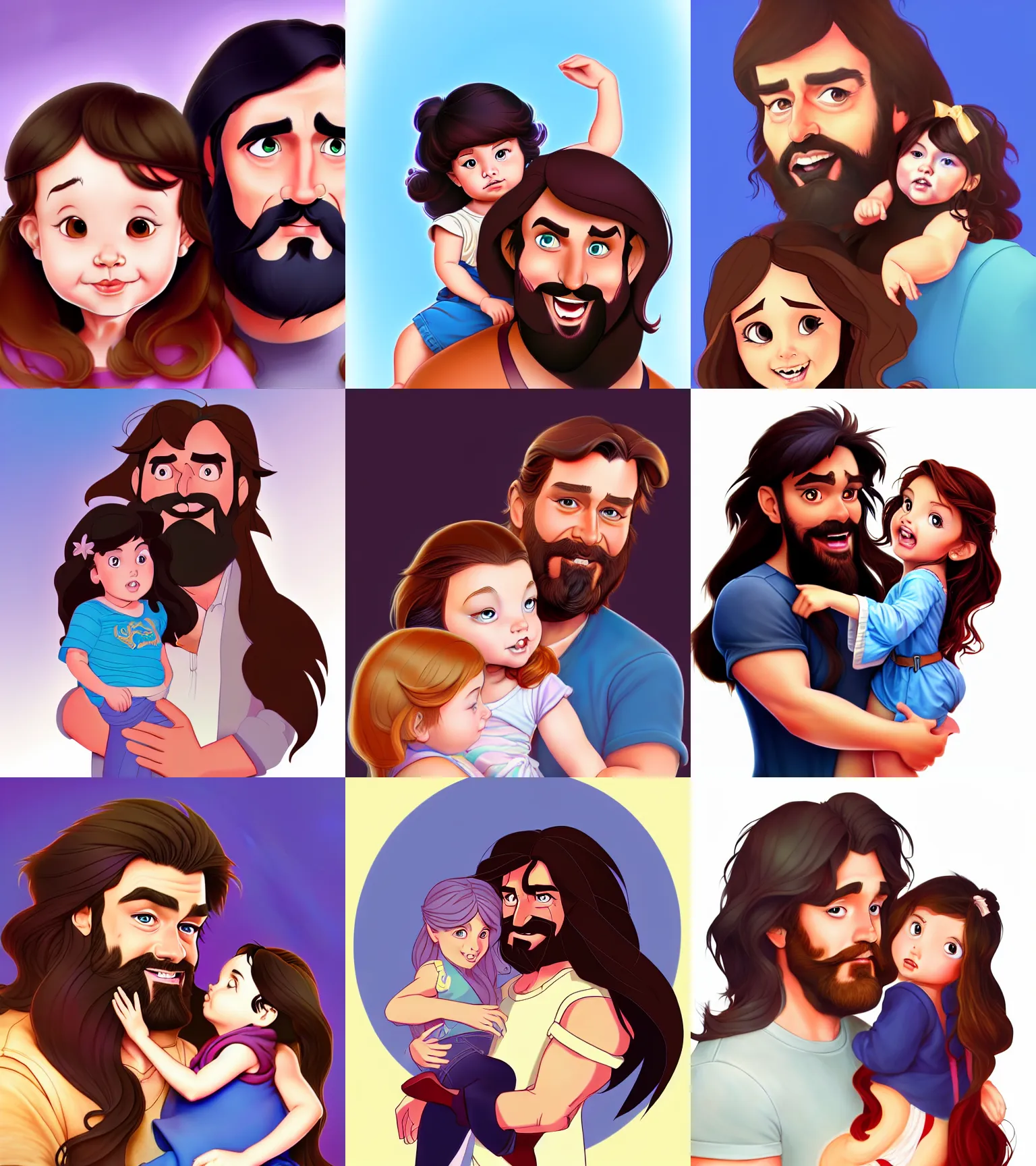 Image similar to a long - haired bearded father and his brunette child toddler girl full color digital illustration in the style of don bluth, artgerm, artstation trending, 4 k