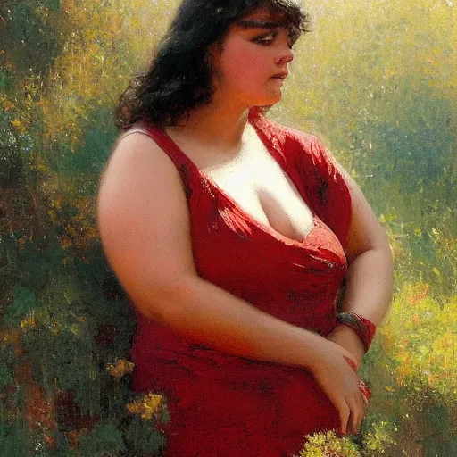 Prompt: a woman in a red top with a chubby body type, painting by Gaston Bussiere, Craig Mullins