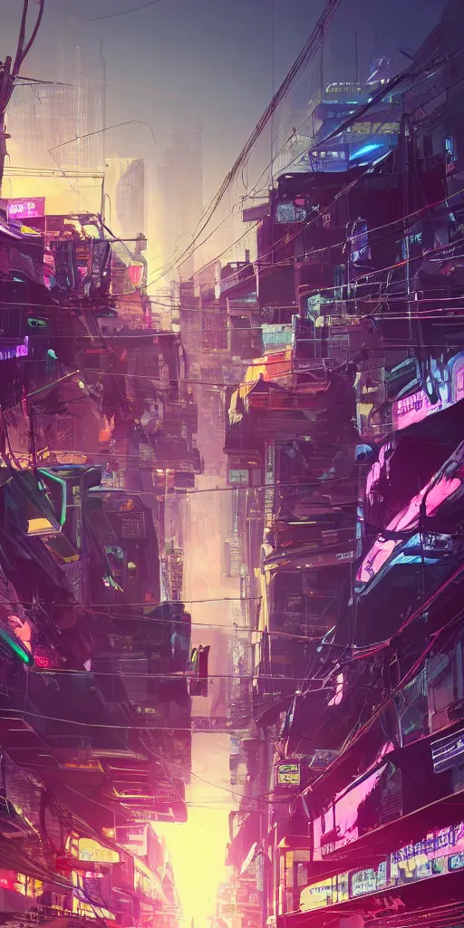 Prompt: gigantic building hovering above a city, long thick cables and trash hanging from underneath, rays of light, neon billboards and dried palmtrees in the streets, epic scene, scifi, illustration