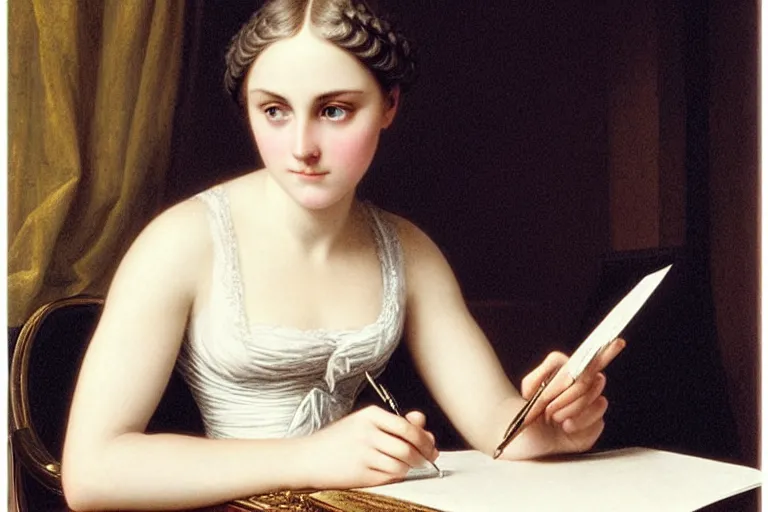 Prompt: 1 8 1 0 s annasophia robb writing a letter by vittorio reggianini, bright lighting, perfectly detailed eyes, beautiful hands, pale skin, clear face