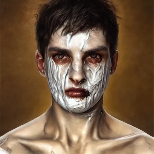 Prompt: portrait painting of a bitter young man with severe burn scars on his face and poorly cut very short hair wearing tattered leather armor, ultra realistic, concept art, intricate details, eerie, highly detailed, photorealistic, octane render, 8 k, unreal engine. art by artgerm and greg rutkowski and charlie bowater and magali villeneuve and alphonse mucha