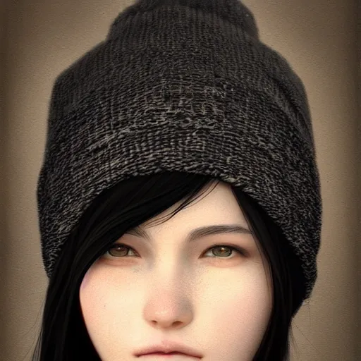 Image similar to a black haired girl wearing a beanie, digital art, 8 k resolution, unreal engine, highly detailed, pretty face, very beautiful face, very detailed eyes, photorealistic by wlop, greg rutkowski