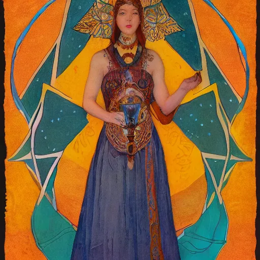 Prompt: queen of the dawn with her lantern and birds, by Annie Swynnerton and Nicholas Roerich, bioluminescent skin, floral tattoos, elaborate costume, geometric ornament, symbolist, smooth, sharp focus, extremely detailed, unreal engine