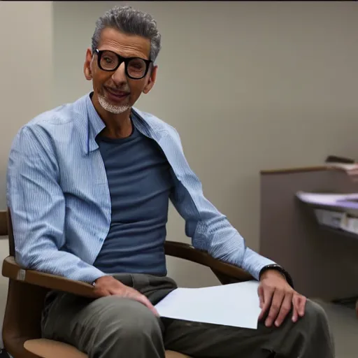 Prompt: jeff goldblum as dr ian malcolm sits in the waiting area of the dmv, shirt unbuttoned, radiant smile. ultra wide shot, photography award, documentary, very detailed face, 4 k