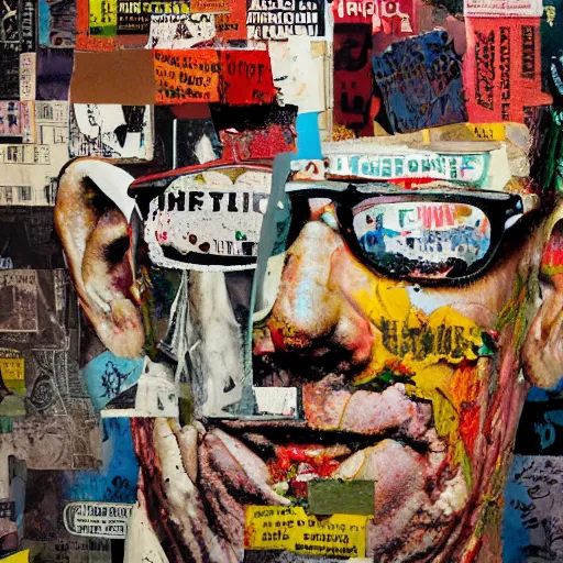 Prompt: hyperrealistic, photorealistic, mixed media oil painting of hunter s thompson, magazine scraps, plaster, blood, oil, mustard, splatter, greg rutkowski, basquiat, ralph steadman, wesley kimler, terry gilliam, andy warhol, dali