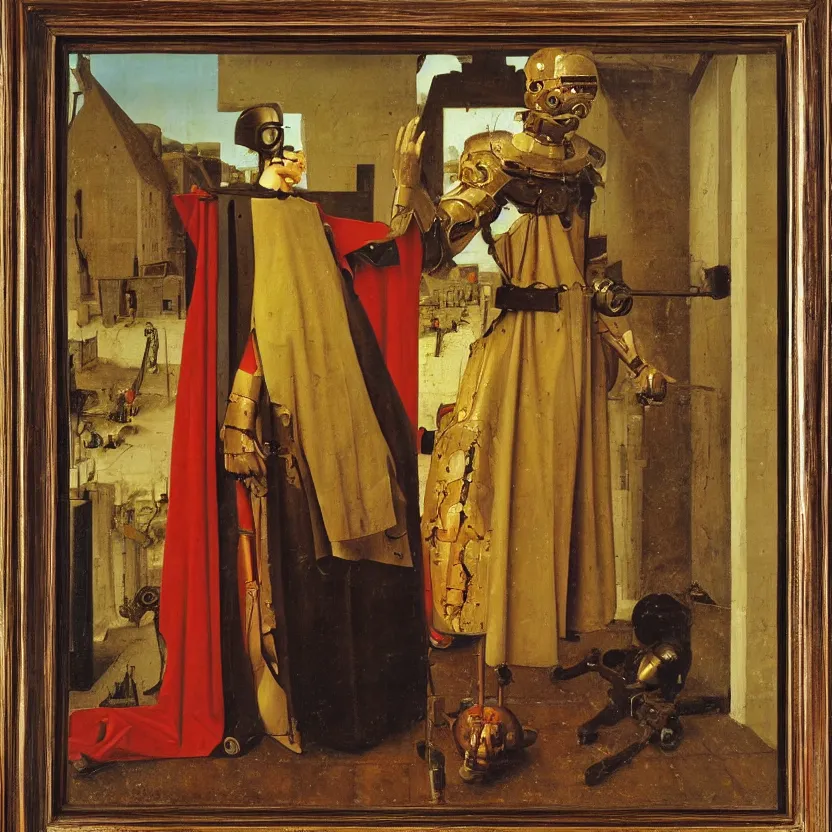 Prompt: van eyck oil painting of a medieval cyborg looking its reflection on a big mirror, mechanism visible symmetric defined ultra hd