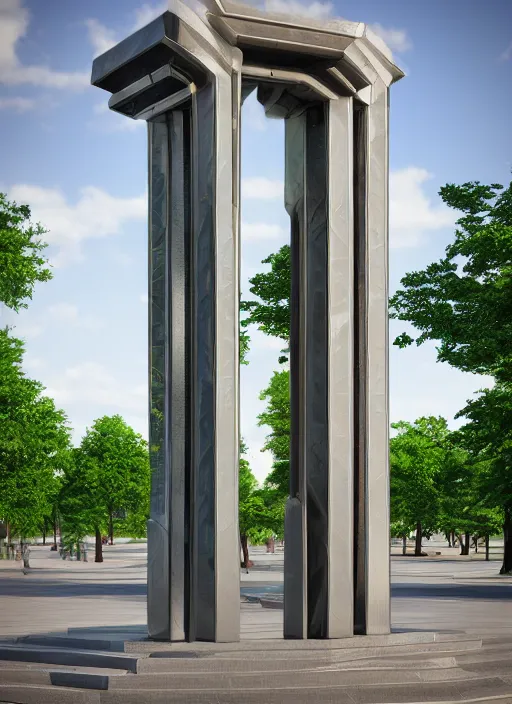 Image similar to highly detailed realistic architecture 3 d render of a futuristic mirrored stele monument in frank lloyd wright style standing in city park, archdaily, made in unreal engine 4 octane render