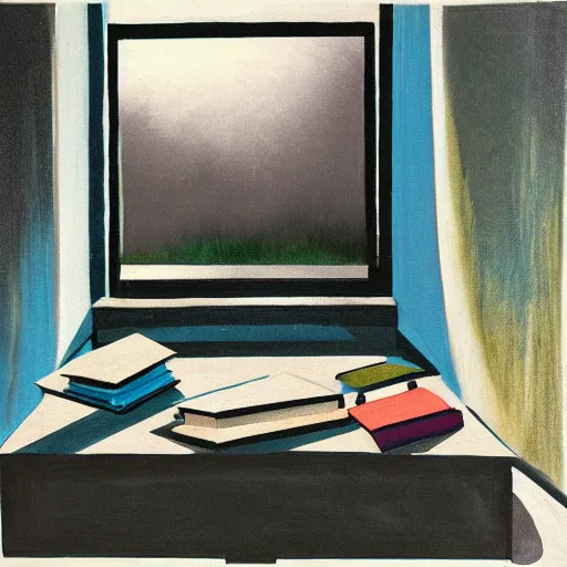Image similar to A dark room with a TV and it’s static giving light to a couch directly across from it, a window is on the right and rain is hitting against the window, shelves are inside filled with books, a couple of empty bottles are on the ground, oil painting